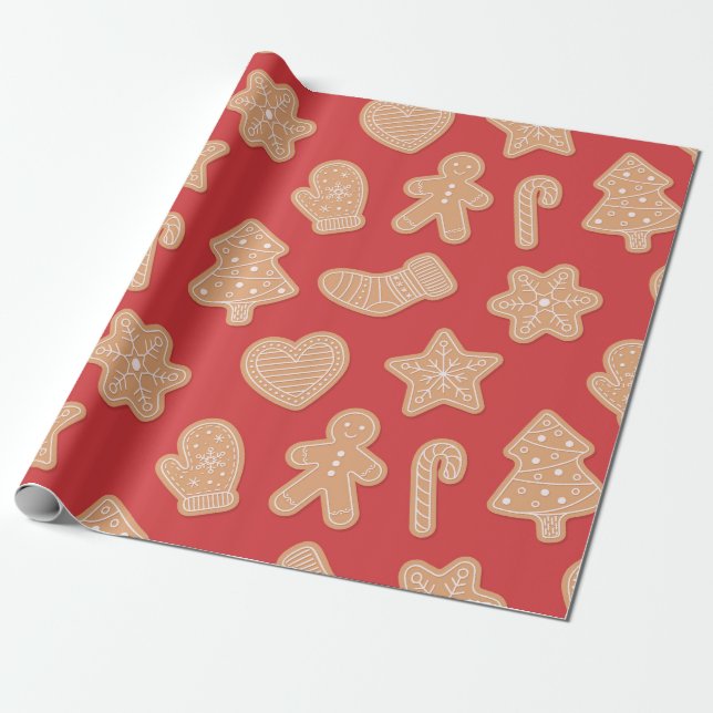 Gingerbread Christmas Cookie Pattern on Red Wrapping Paper (Unrolled)