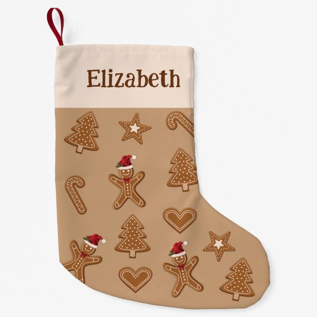 Gingerbread Christmas Cookie Shapes & Name Small Christmas Stocking (Front)
