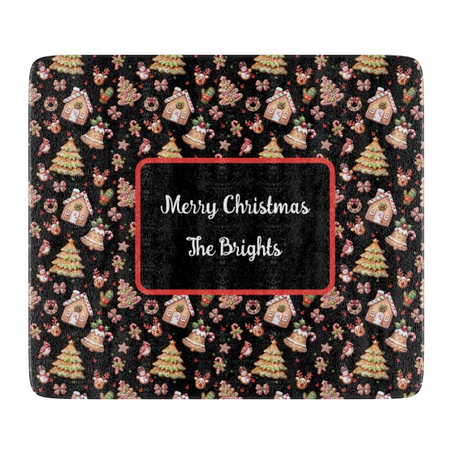 Gingerbread Christmas Cookies on Black Background Cutting Board (Front)
