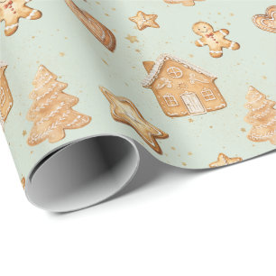 Gingerbread Christmas Cookies Sage Green Wrapping Paper