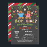 Gingerbread Christmas gender reveal baby shower Invitation<br><div class="desc">[All text are editable]
Get this cute design now!
Occasion: Christmas party,  gender reveal baby shower,  twins baby shower
Theme: Christmas,  gingerbread man
Style: cute,  fun,  cheerful
Colours: blue,  pink,  red,  green,  festive colours.
Graphics: chalkboard background,  colourful Christmas ornaments,  cute gingerbread boy,  gingerbread girl,  christmas cookies font alphabets</div>