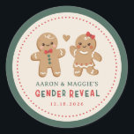 Gingerbread Christmas Gender Reveal Favour Classic Round Sticker<br><div class="desc">Cute Gingerbread Gender reveal party favour packaging stickers. Christmas red and green design with cute gingerbread illustrations. Customise text with your names and party date.</div>