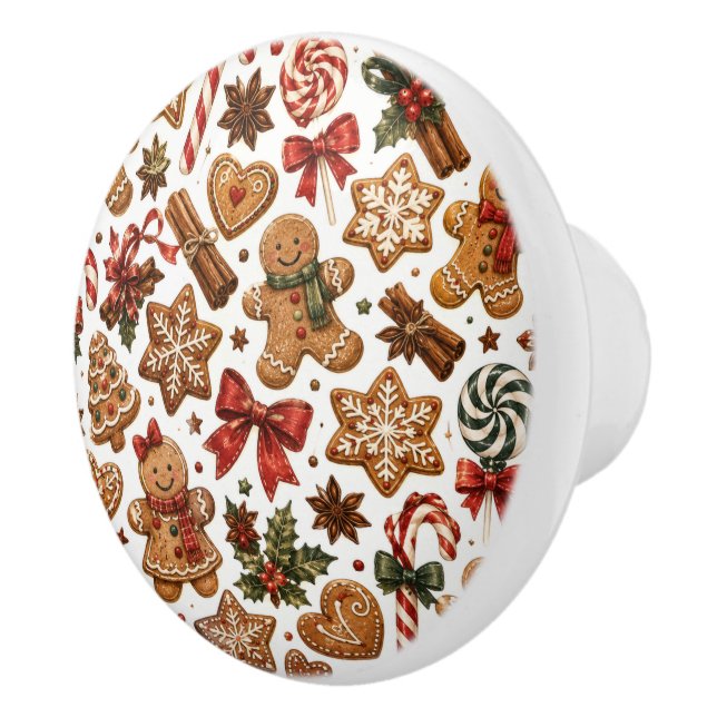 Gingerbread Christmas Pattern with Candy Canes Ceramic Knob (Right)