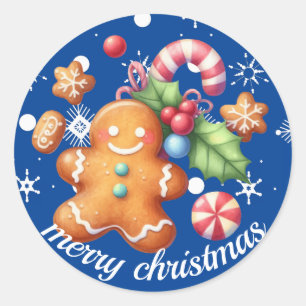 Gingerbread Christmas Peppermint Blue Name Blue Classic Round Sticker