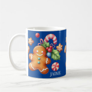 Gingerbread Christmas Peppermint Blue Name Coffee Mug