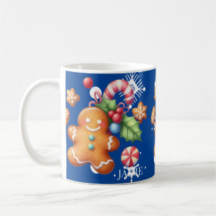 Gingerbread Christmas Peppermint Blue Name Snow Coffee Mug