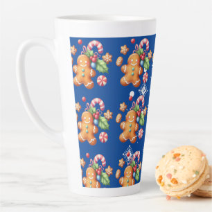 Gingerbread Christmas Peppermint Blue Name Snow Latte Mug