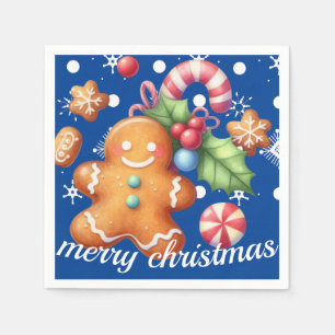 Gingerbread Christmas Peppermint Blue Name Snow  Napkin