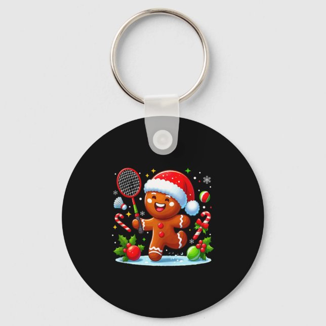 Gingerbread Christmas Playing Badminton Funny Play Key Ring (Front)