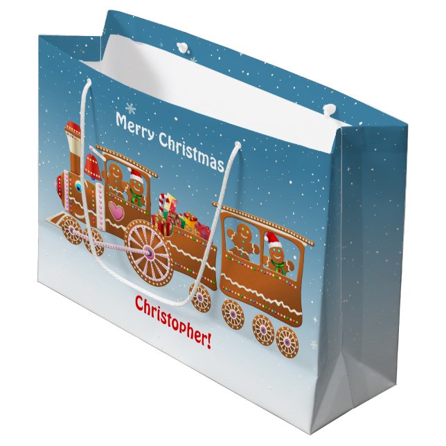 Gingerbread Christmas Steam Train Large Gift Bag (Front Angled)