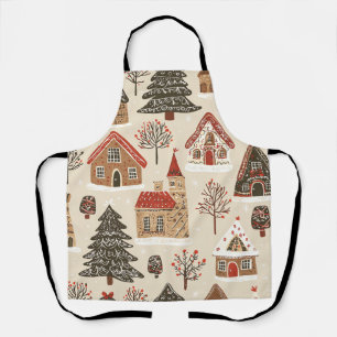 Gingerbread Christmas Village Cream Brown Red Apron