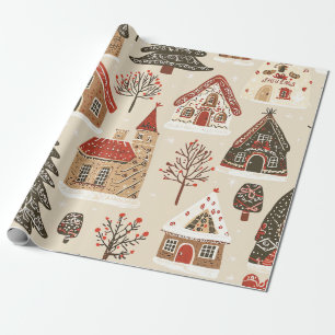 Gingerbread Christmas Village Cream Brown Red Wrapping Paper