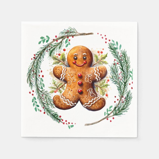 Gingerbread Cookie and Christmas Holly Napkin (Front)