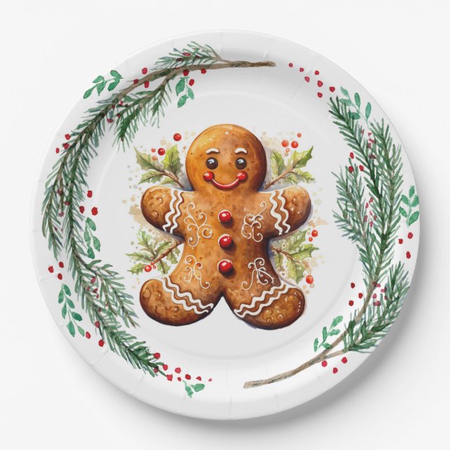 Gingerbread Cookie and Christmas Holly Paper Plate (Front)