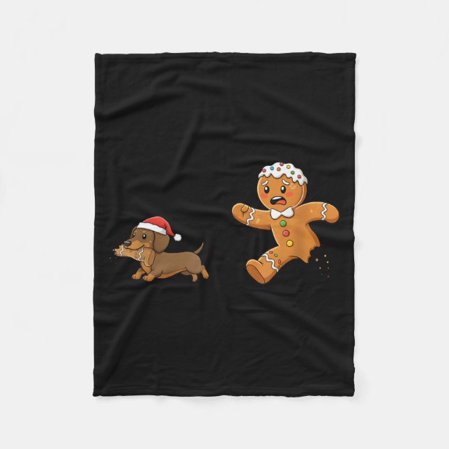 Gingerbread Cookie Chasing Dachshund Christmas Dog Fleece Blanket (Front)
