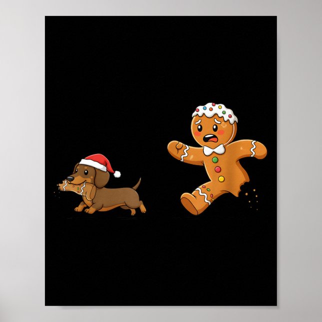 Gingerbread Cookie Chasing Dachshund Christmas Dog Poster (Front)