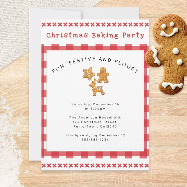 Gingerbread Cookie Christmas Baking Party Invitation (An invitation to a Christmas baking party, with gingerbread and rustic red-and-white gingham)