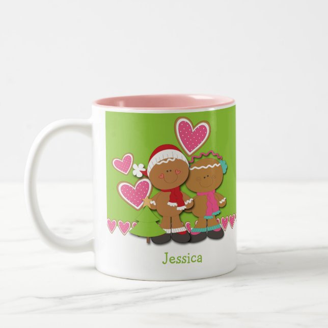 Gingerbread Cookie Couple Christmas Two-Tone Coffee Mug (Left)