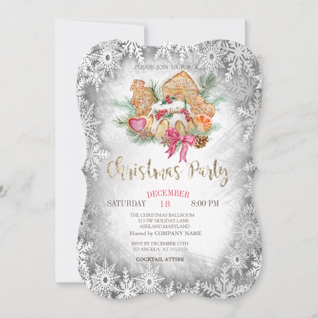 Gingerbread Cookie,Grey Snowflakes Christmas Invitation (Front)