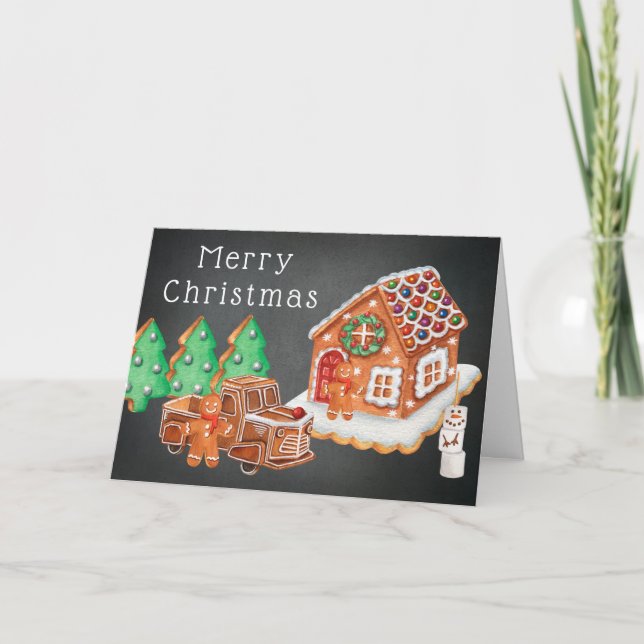 Gingerbread Cookie House, Family, Truck Christmas Holiday Card (Front)