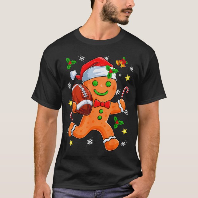 Gingerbread Cookie Playing Football Merry Christma T-Shirt (Front)