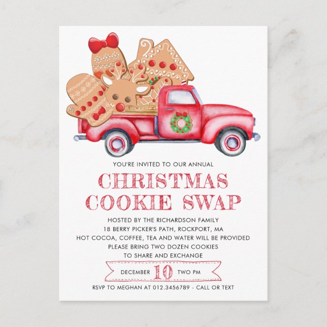 Gingerbread Cookie Red Truck Cookie Invitation Postcard (Front)