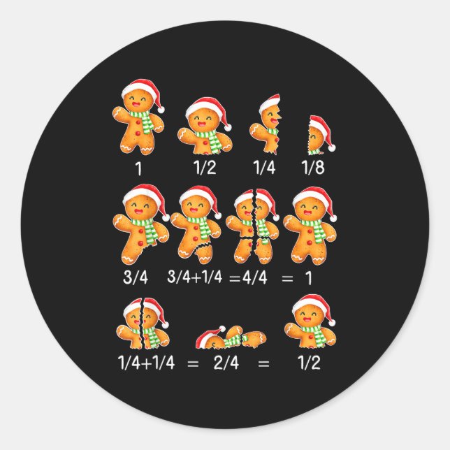 Gingerbread Cookie Santa Hat Fraction Math Teacher Classic Round Sticker (Front)
