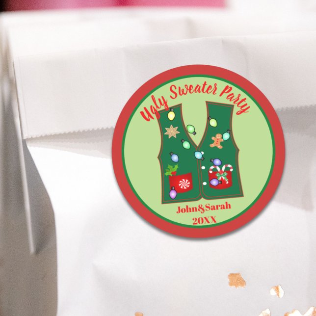 gingerbread cookie ugly christmas sweater party classic round sticker (gingerbread cookie ugly christmas sweater party classic round sticker)