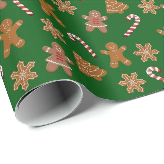 Gingerbread Cookies and Candy Canes on Green Wrapping Paper (Roll Corner)