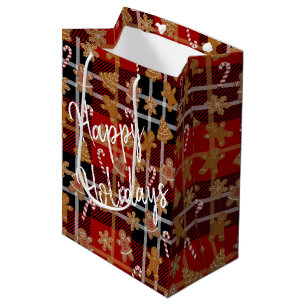 Gingerbread Cookies and Candy Canes on Plaid Mediu Medium Gift Bag