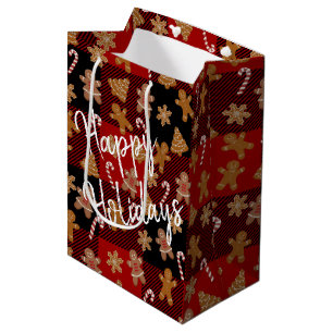 Gingerbread Cookies and Candy Canes on Plaid Medium Gift Bag