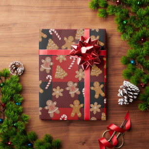 Gingerbread Cookies and Candy Canes on Plaid Wrapping Paper