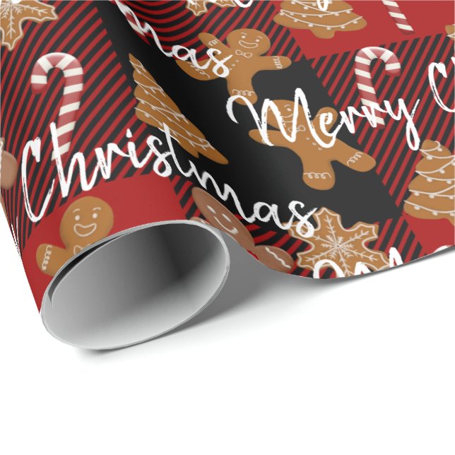 Gingerbread Cookies and Candy Canes on Plaid Wrapping Paper (Roll Corner)