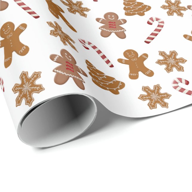 gingerbread cookies and candy canes on white wrapping paper (Roll Corner)