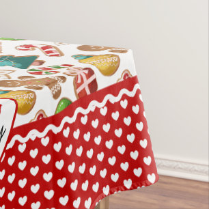 Gingerbread Cookies and Red Heart Border Christmas Tablecloth