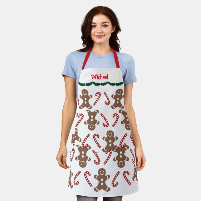 Gingerbread Cookies Candy Cane Chef Name Christmas Apron (Worn)