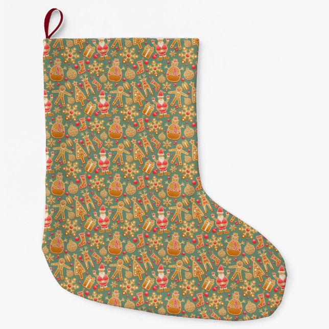 Gingerbread/cookies/Christmas patterned Large Christmas Stocking (Front)