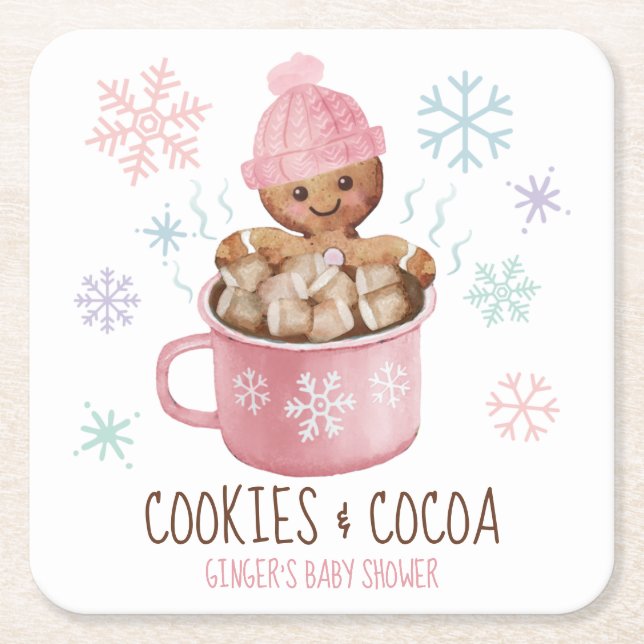 Gingerbread Cookies & Cocoa Girl Baby Shower Square Paper Coaster (Front)