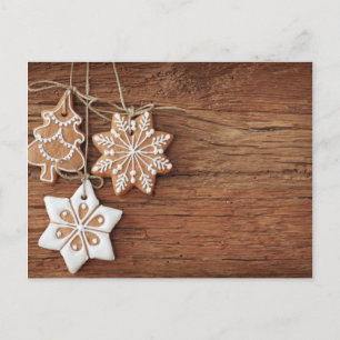Gingerbread Cookies Hanging Over Wooden Holiday Postcard
