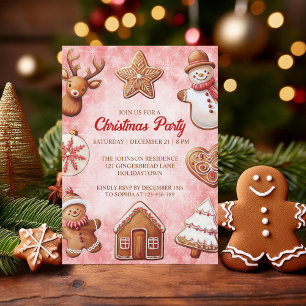 Gingerbread Cookies Red Background Christmas Party Invitation