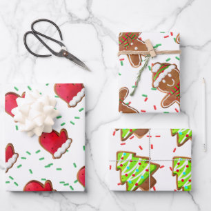 Gingerbread Cookies Tree Mitten Man Sprinkles Kids Wrapping Paper Sheet