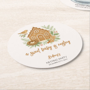 Gingerbread Cottage Winter Nesting Baby Shower Round Paper Coaster
