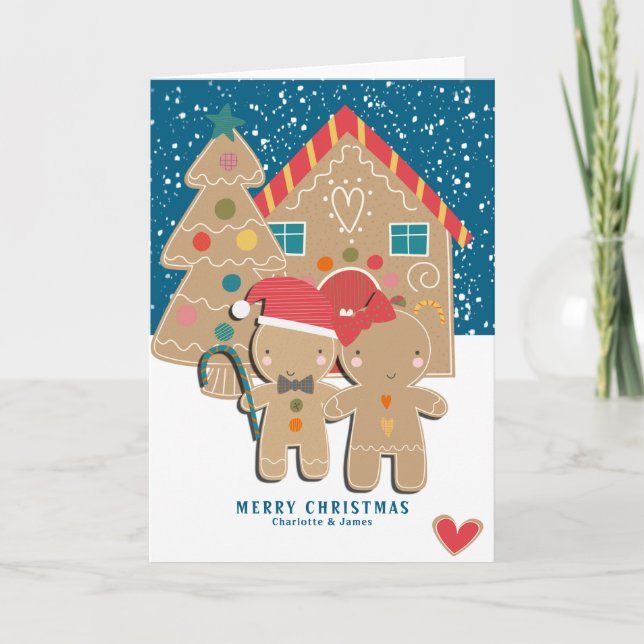 Gingerbread Couple Christmas Tree in Snow Holiday Card (Front)