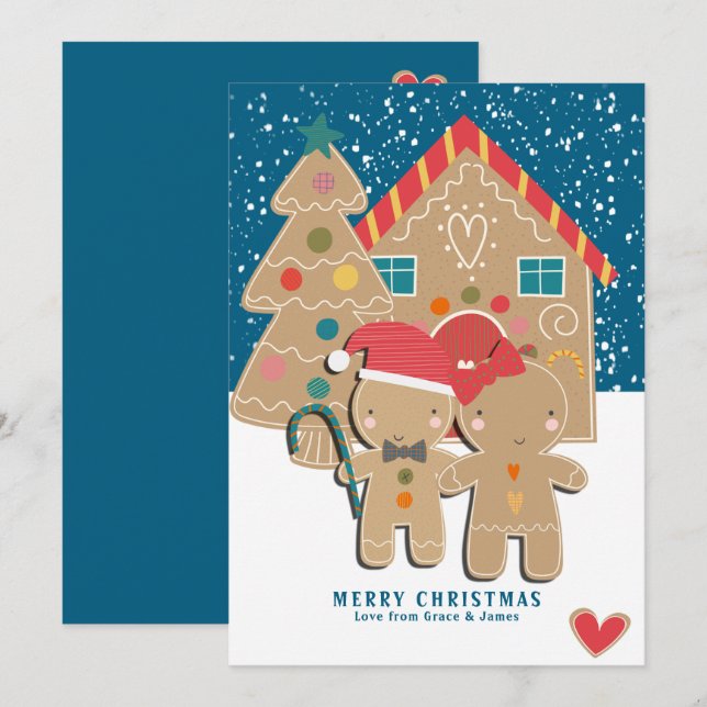 Gingerbread Couple Christmas Tree in Snow Holiday Card (Front/Back)