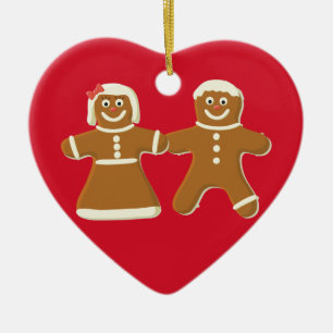 Gingerbread Couple on Red Heart Holiday Ornament