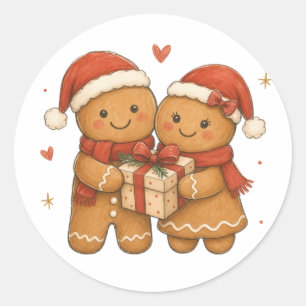 Gingerbread Couple with Gift and Santa Hats  Classic Round Sticker