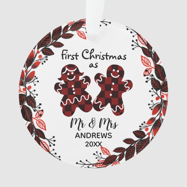 Gingerbread Couples First Christmas Buffalo Plaid Ornament (Front)