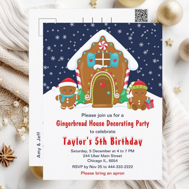 Gingerbread Decorating Birthday Party Navy and Red Postcard (Creator Uploaded)
