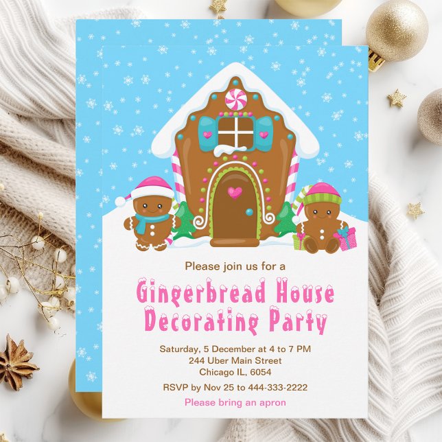 Gingerbread Decorating Party Bright Blue and Pink Invitation (Creator Uploaded)