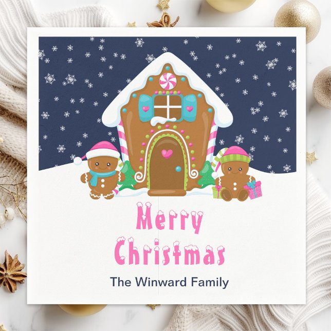 Gingerbread Decorating Party Navy Blue and Pink Napkin (Creator Uploaded)